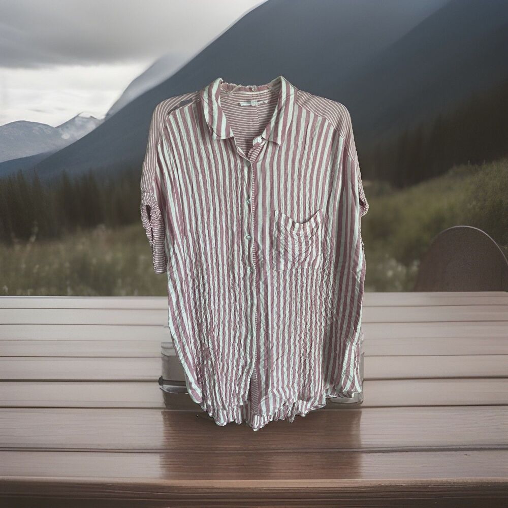 Jane Delancey Top XL Rose & White Striped Casual Stretch Button Front Collared